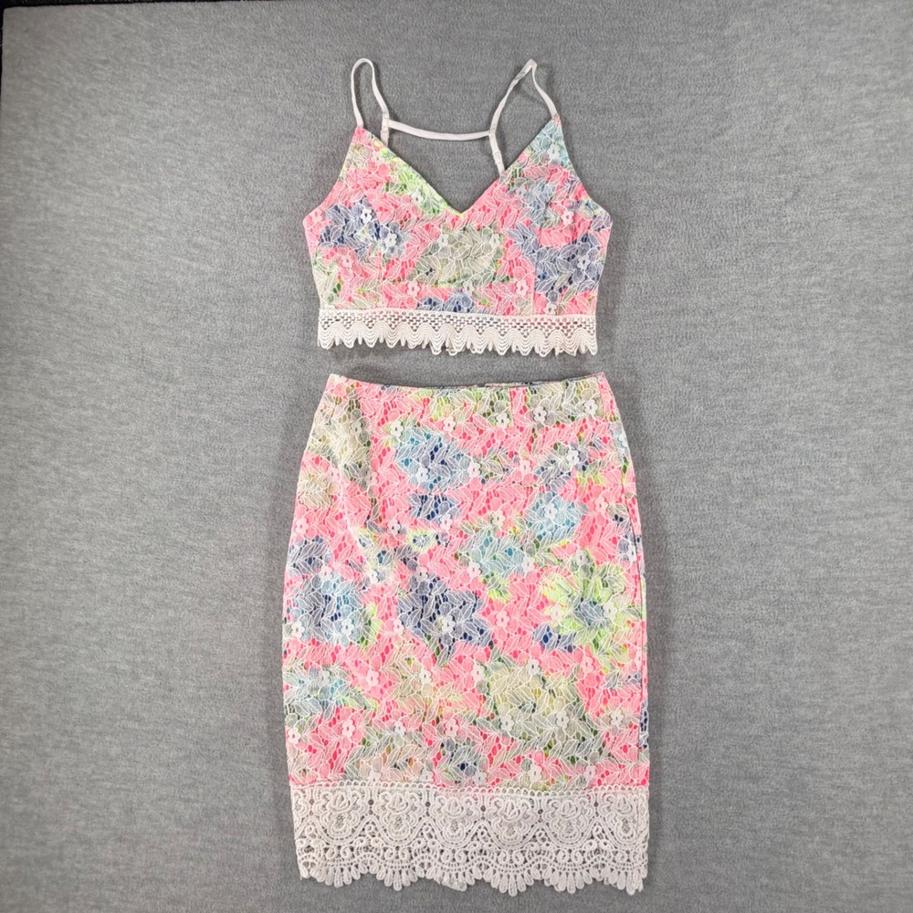 Lush Floral Lace 2 Piece Skirt Set Womens Small Pink Blue Crochet Trim New Boho